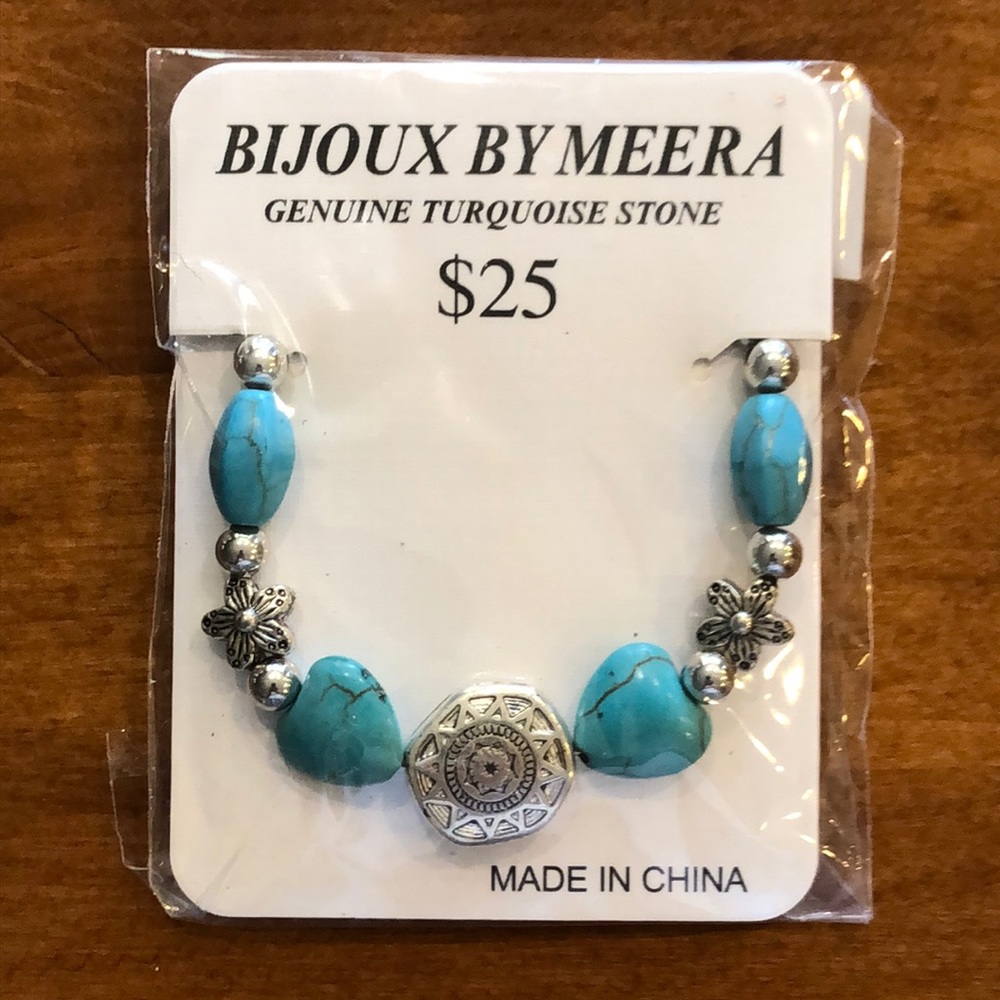 BIJOUX by Meera Silver Bracelet With Genuine Turquoise Stone Adjustable New🌸